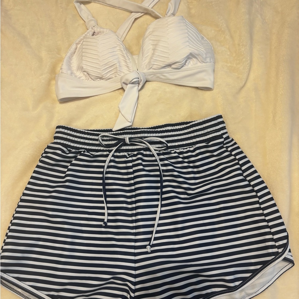 White Bikini Top and Striped Shorts Set Sz M